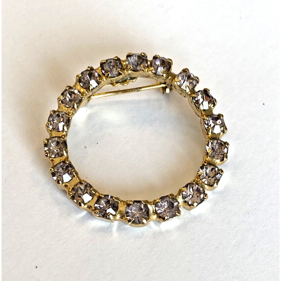 Vintage Wreath Brooch Mid Century Circle Pin Goldtone & Light Pink Rhinestones - Picture 3 of 8